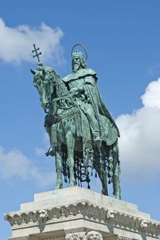 Saint Stephen was the first King of Hungary who converted the tribes to Christianity. Statue at Budapest in front of The Fisherman's Bastion