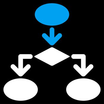 Flowchart icon from Commerce Set. Glyph style: bicolor flat symbol, blue and white colors, rounded angles, black background.