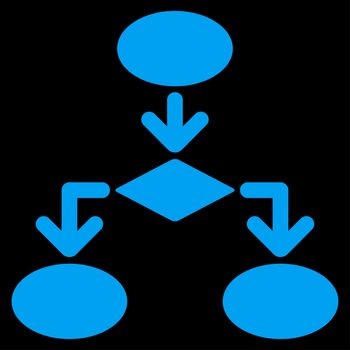 Flowchart icon from Commerce Set. Glyph style: flat symbol, blue color, rounded angles, black background.