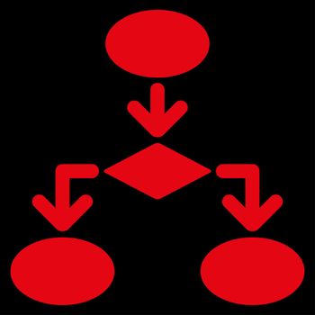 Flowchart icon from Commerce Set. Glyph style: flat symbol, red color, rounded angles, black background.