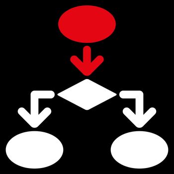 Flowchart icon from Commerce Set. Glyph style: bicolor flat symbol, red and white colors, rounded angles, black background.