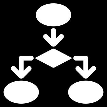 Flowchart icon from Commerce Set. Glyph style: flat symbol, white color, rounded angles, black background.