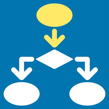 Flowchart icon from Commerce Set. Glyph style: bicolor flat symbol, yellow and white colors, rounded angles, blue background.