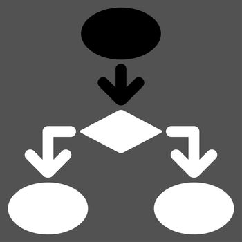 Flowchart icon from Commerce Set. Glyph style: bicolor flat symbol, black and white colors, rounded angles, gray background.