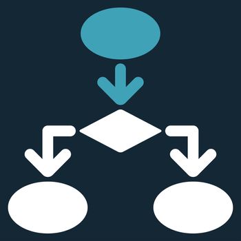 Flowchart icon from Commerce Set. Glyph style: bicolor flat symbol, blue and white colors, rounded angles, dark blue background.