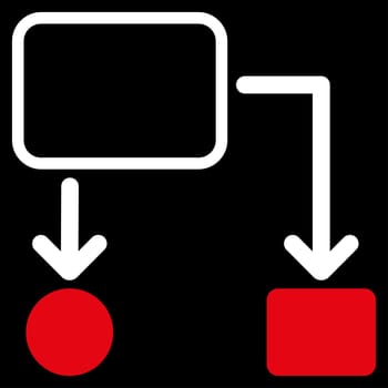 Scheme icon from Commerce Set. Glyph style: bicolor flat symbol, red and white colors, rounded angles, black background.