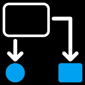Scheme icon from Commerce Set. Glyph style: bicolor flat symbol, blue and white colors, rounded angles, black background.