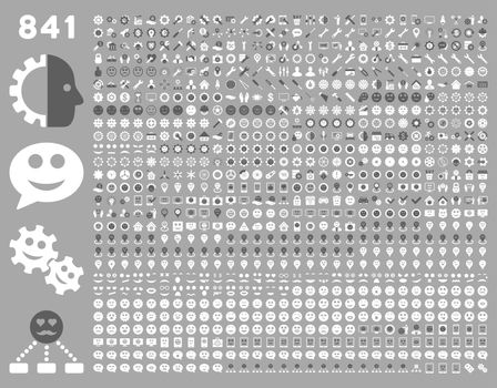 841 smile, tool, gear, map markers, mobile icons. Glyph set style: bicolor flat images, dark gray and white symbols, isolated on a silver background.