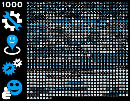 1000 tools, gears, smiles, map markers, mobile icons. Glyph set style: bicolor flat images, blue and white symbols, isolated on a black background.