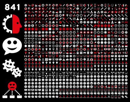 841 smile, tool, gear, map markers, mobile icons. Glyph set style: bicolor flat images, red and white symbols, isolated on a black background.