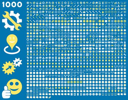 1000 tools, gears, smiles, map markers, mobile icons. Glyph set style: bicolor flat images, yellow and white symbols, isolated on a blue background.