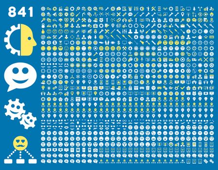841 smile, tool, gear, map markers, mobile icons. Glyph set style: bicolor flat images, yellow and white symbols, isolated on a blue background.