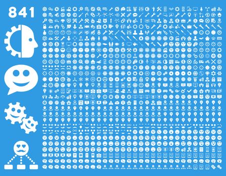 841 smile, tool, gear, map markers, mobile icons. Glyph set style: flat images, white symbols, isolated on a blue background.