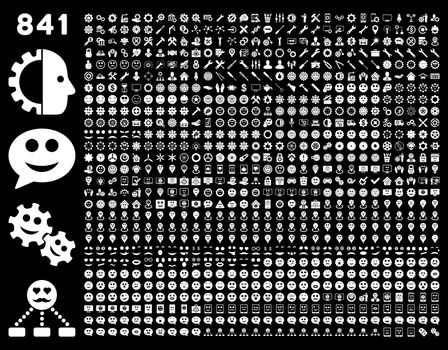 841 smile, tool, gear, map markers, mobile icons. Glyph set style: flat images, white symbols, isolated on a black background.