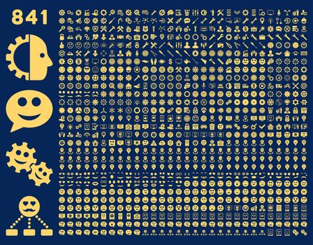 841 smile, tool, gear, map markers, mobile icons. Glyph set style: flat images, yellow symbols, isolated on a blue background.