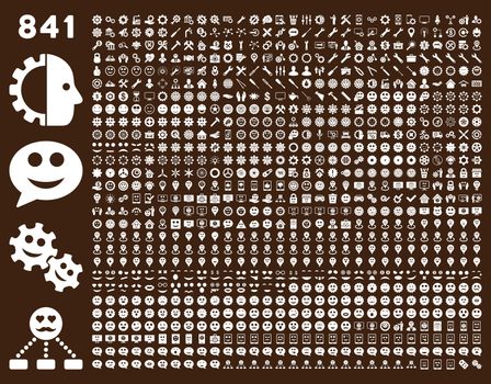 841 smile, tool, gear, map markers, mobile icons. Glyph set style: flat images, white symbols, isolated on a brown background.