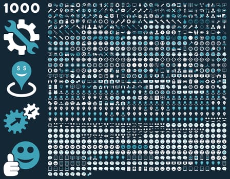 1000 tools, gears, smiles, map markers, mobile icons. Glyph set style: bicolor flat images, blue and white symbols, isolated on a dark blue background.