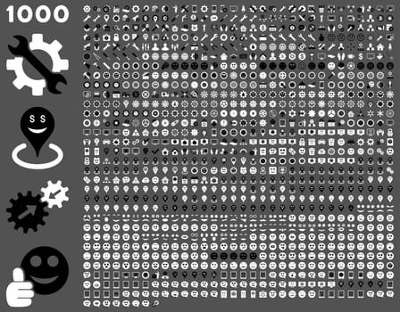 1000 tools, gears, smiles, map markers, mobile icons. Glyph set style: bicolor flat images, black and white symbols, isolated on a gray background.