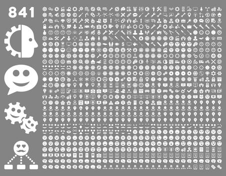 841 smile, tool, gear, map markers, mobile icons. Glyph set style: flat images, white symbols, isolated on a gray background.