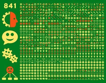 841 smile, tool, gear, map markers, mobile icons. Glyph set style: bicolor flat images, orange and yellow symbols, isolated on a green background.