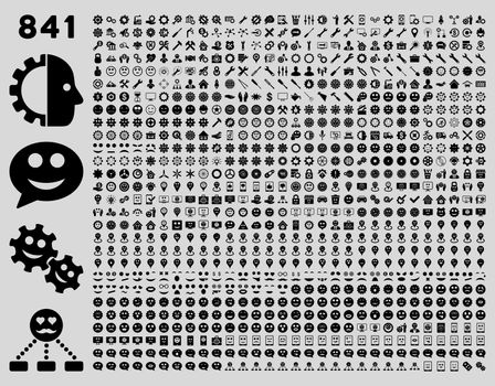 841 smile, tool, gear, map markers, mobile icons. Glyph set style: flat images, black symbols, isolated on a light gray background.