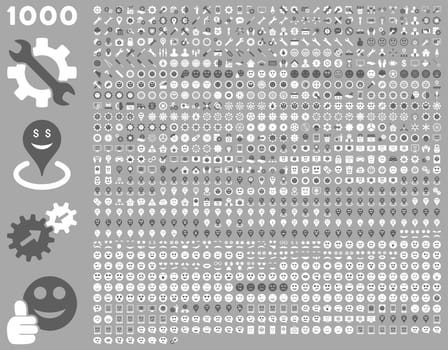 1000 tools, gears, smiles, map markers, mobile icons. Glyph set style: bicolor flat images, dark gray and white symbols, isolated on a silver background.