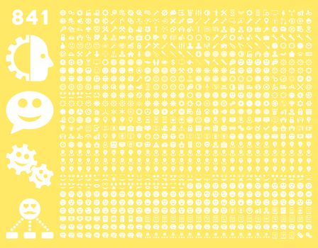 841 smile, tool, gear, map markers, mobile icons. Glyph set style: flat images, white symbols, isolated on a yellow background.
