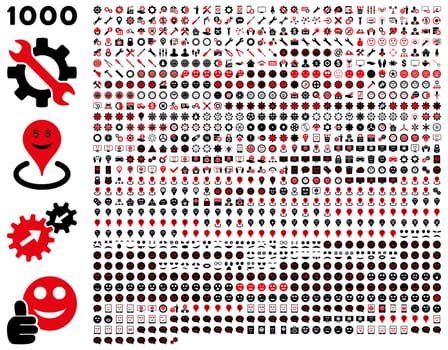 1000 tools, gears, smiles, map markers, mobile icons. Glyph set style: bicolor flat images, intensive red and black symbols, isolated on a white background.