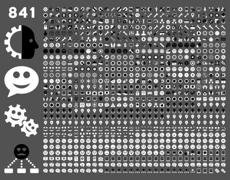 841 smile, tool, gear, map markers, mobile icons. Glyph set style: bicolor flat images, black and white symbols, isolated on a gray background.