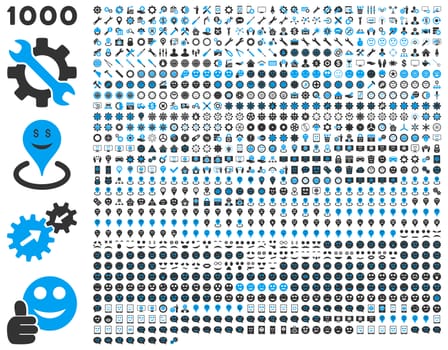 1000 tools, gears, smiles, map markers, mobile icons. Glyph set style: bicolor flat images, blue and gray symbols, isolated on a white background.
