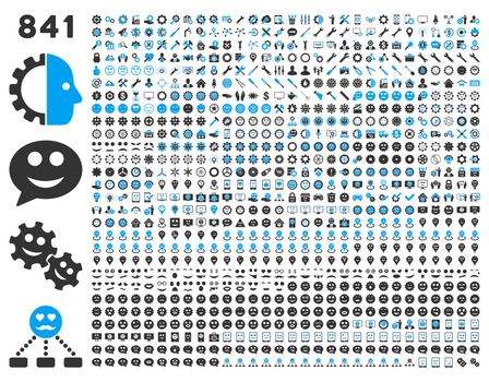 841 smile, tool, gear, map markers, mobile icons. Glyph set style: bicolor flat images, blue and gray symbols, isolated on a white background.