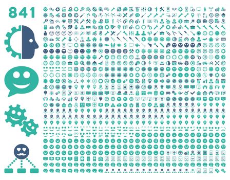 841 smile, tool, gear, map markers, mobile icons. Glyph set style: bicolor flat images, cobalt and cyan symbols, isolated on a white background.