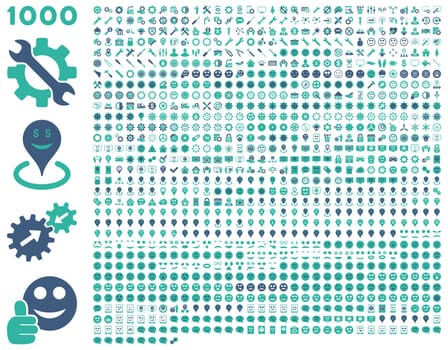 1000 tools, gears, smiles, map markers, mobile icons. Glyph set style: bicolor flat images, cobalt and cyan symbols, isolated on a white background.