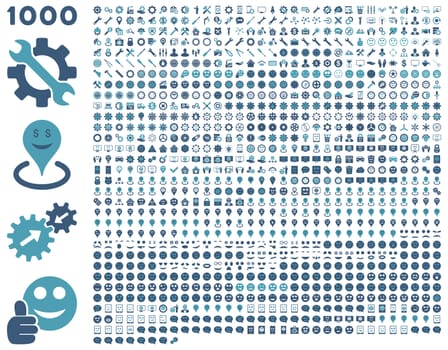 1000 tools, gears, smiles, map markers, mobile icons. Glyph set style: bicolor flat images, cyan and blue symbols, isolated on a white background.