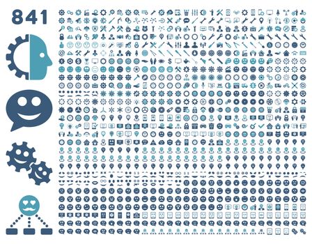 841 smile, tool, gear, map markers, mobile icons. Glyph set style: bicolor flat images, cyan and blue symbols, isolated on a white background.