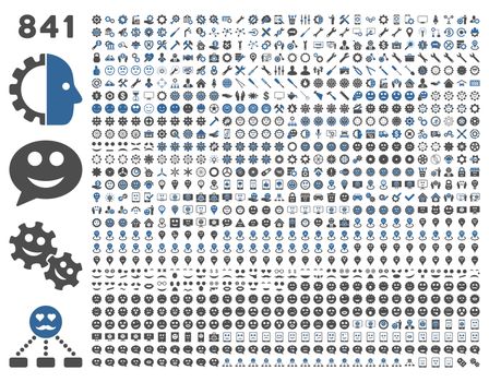 841 smile, tool, gear, map markers, mobile icons. Glyph set style: bicolor flat images, cobalt and gray symbols, isolated on a white background.