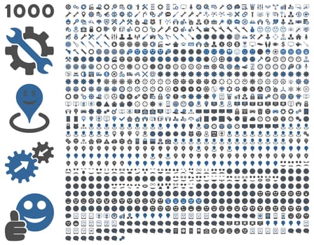 1000 tools, gears, smiles, map markers, mobile icons. Glyph set style: bicolor flat images, cobalt and gray symbols, isolated on a white background.