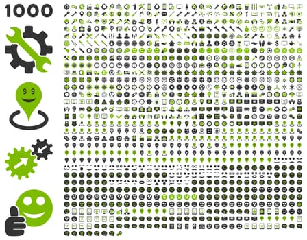 1000 tools, gears, smiles, map markers, mobile icons. Glyph set style: bicolor flat images, eco green and gray symbols, isolated on a white background.