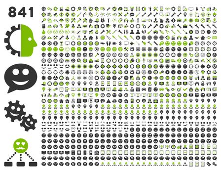 841 smile, tool, gear, map markers, mobile icons. Glyph set style: bicolor flat images, eco green and gray symbols, isolated on a white background.