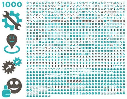 1000 tools, gears, smiles, map markers, mobile icons. Glyph set style: bicolor flat images, grey and cyan symbols, isolated on a white background.