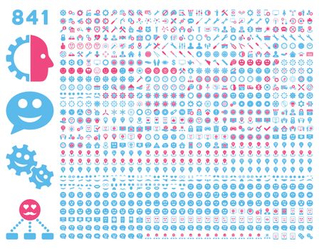 841 smile, tool, gear, map markers, mobile icons. Glyph set style: bicolor flat images, pink and blue symbols, isolated on a white background.