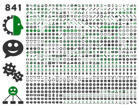 841 smile, tool, gear, map markers, mobile icons. Glyph set style: bicolor flat images, green and gray symbols, isolated on a white background.
