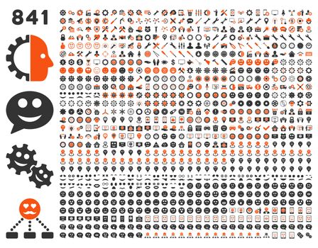 841 smile, tool, gear, map markers, mobile icons. Glyph set style: bicolor flat images, orange and gray symbols, isolated on a white background.