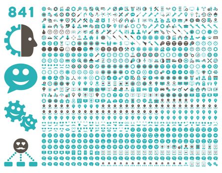 841 smile, tool, gear, map markers, mobile icons. Glyph set style: bicolor flat images, grey and cyan symbols, isolated on a white background.