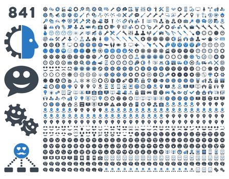 841 smile, tool, gear, map markers, mobile icons. Glyph set style: bicolor flat images, smooth blue symbols, isolated on a white background.