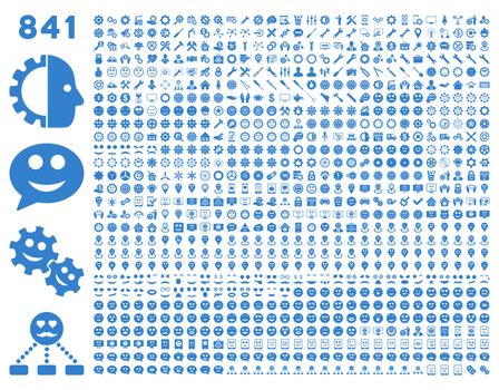 841 smile, tool, gear, map markers, mobile icons. Glyph set style: flat images, cobalt symbols, isolated on a white background.