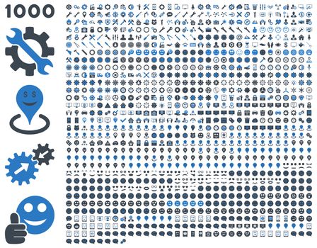 1000 tools, gears, smiles, map markers, mobile icons. Glyph set style: bicolor flat images, smooth blue symbols, isolated on a white background.