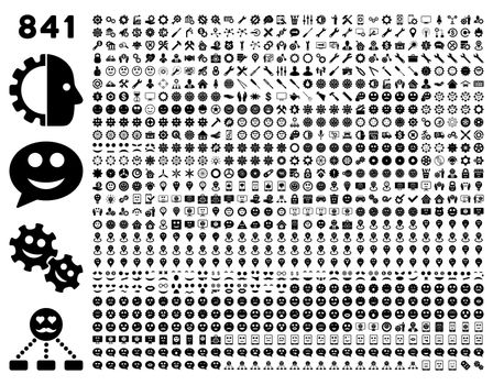 841 smile, tool, gear, map markers, mobile icons. Glyph set style: flat images, black symbols, isolated on a white background.