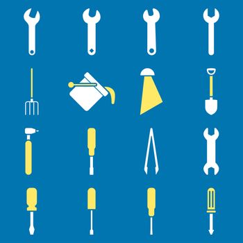 Instruments and tools icon set. Glyph style: flat bicolor symbols, yellow and white colors, rounded angles, blue background.