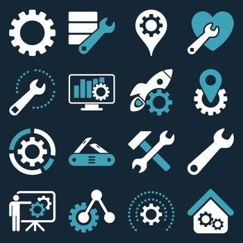 Options and service tools icon set. Glyph style: flat bicolor symbols, blue and white colors, rounded angles, dark blue background.